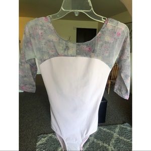 Eleve Leotard, Floral Mesh Sleeves, Size L